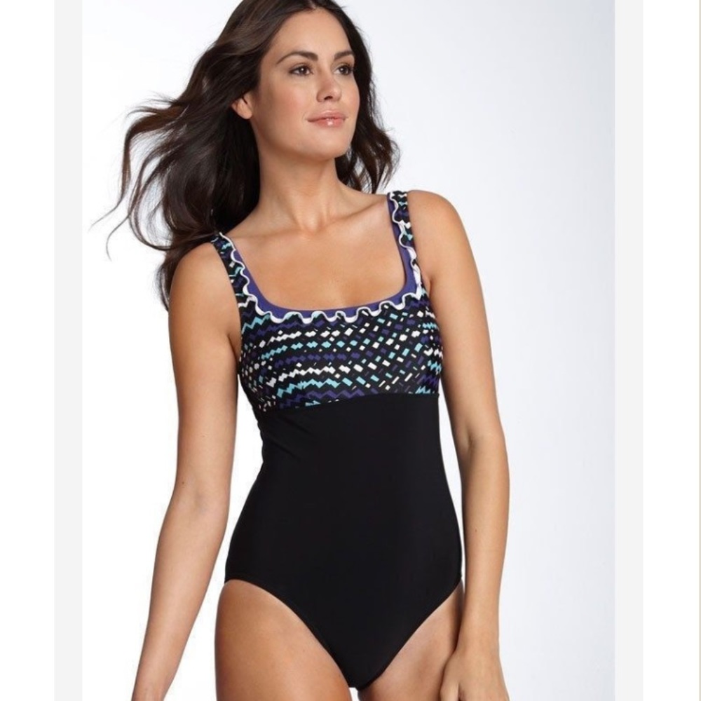 Profile Gottex Confetti Print Black One Piece Tummy Control Swimsuit 8